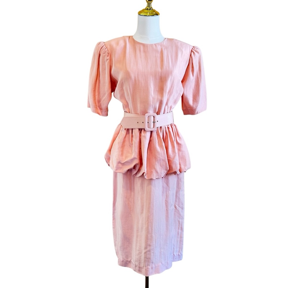Vintage Frances Henaghan Silk Dress Women’s 8 Peach/Pink Short Puff Sleeves Belt